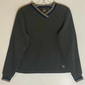 Route 66 Sweater Womens Small Green Fleece Striped V Neck Horseshoe Logo Western